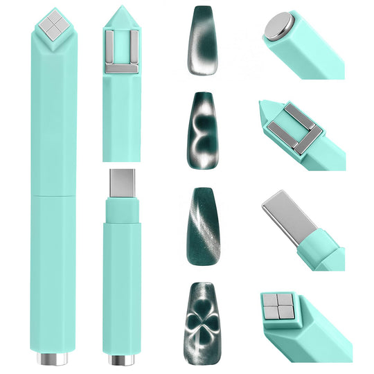 RARJSM 4-in-1 pen-style cat eye magnet mint green detachable two-piece body showing four magnetic tips grid double bar single bar round and four nail effect examples on dark green nails
