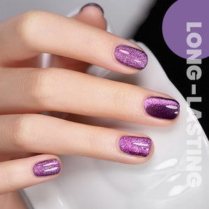 Purple Dream cat eye gel polish on long nails lavender to violet gradient pearl shimmer elegant romantic manicure
