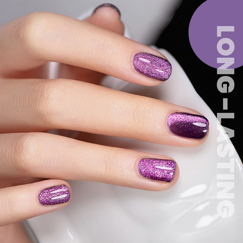 Purple Dream cat eye gel polish on long nails lavender to violet gradient pearl shimmer elegant romantic manicure
