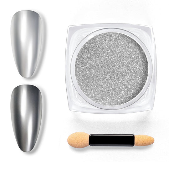 RARJSM Silver Chrome Nail Powder in clear jar with mirror effect nail tips