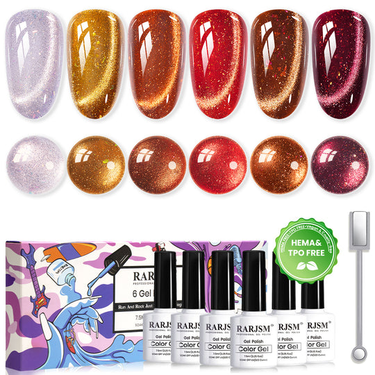 Autumn Blaze Cat Eye Gel Polish Set - 6 Deep Warm Tones with Fine Glitter 7.5ml - TPO & HEMA Free