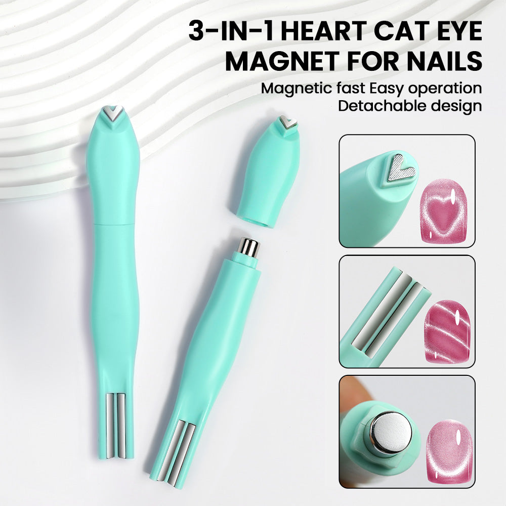 3-in-1 heart cat eye magnet tool detachable design three magnetic tips light blue professional nail art wand
