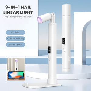 Portable UV nail lamp with foldable design showing professional gel polish curing with LED light and phone stand feature
