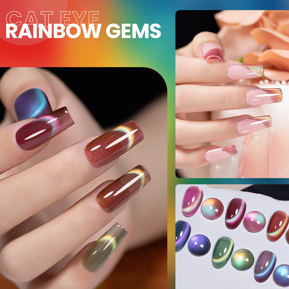 Rainbow Gems cat eye gel polish on nails showing multicolor shifting shimmer iridescent gemstone-like finish creative nail art
