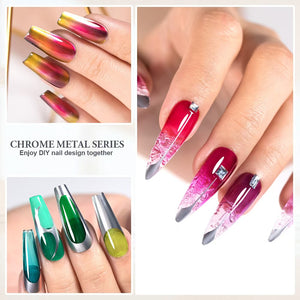 6-color metallic chrome mirror effect on long stiletto nails showing blue purple red pink yellow green shades, TPO HEMA free gel polish
