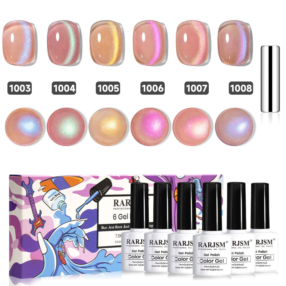 Aurora cat eye gel polish set 1003-1008 showing 6 iridescent shimmer colors with holographic glitter effect, TPO HEMA free
