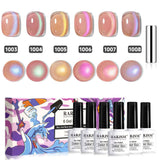 Aurora cat eye gel polish set 1003-1008 showing 6 iridescent shimmer colors with holographic glitter effect, TPO HEMA free
