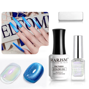 9D Azure Blue Ice Jelly Cat Eye Aurora Chrome Powder Gel Nail Polish Duo 15ml 5ml magnetic wand holographic
