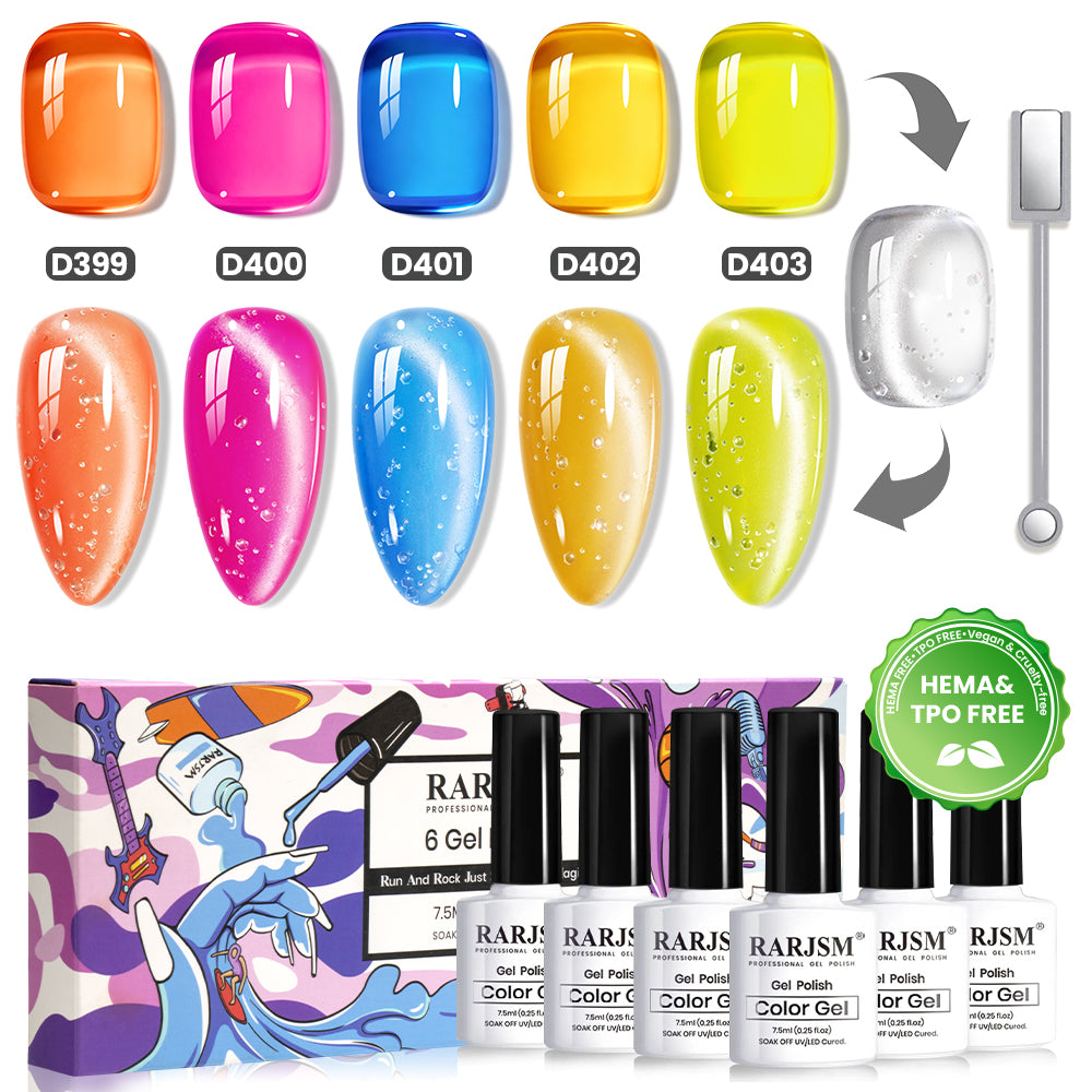 Neon Crystal Bubbly Cat Eye Gel Polish Set - 5 Summer Jelly Colors & 1 Crystal Bubbly Topper 7.5ml - RARJSM TPO & HEMA Free