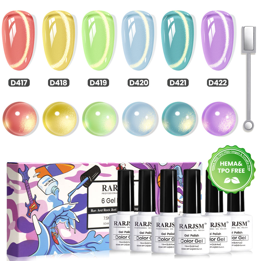 Summer Candy Gold Cat Eye Gel Polish Set - 6 Jelly Colors Summer Collection 7.5ml - TPO & HEMA Free