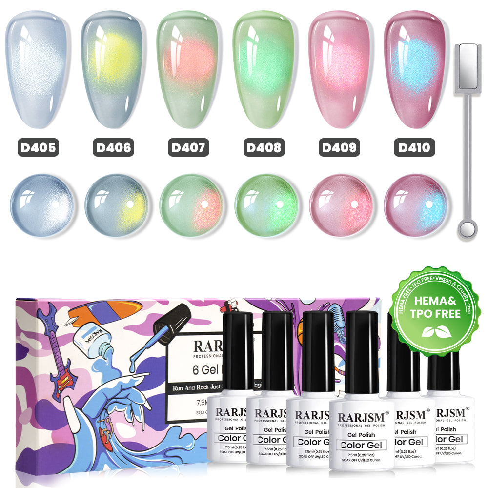 Irisierendes Jelly Cat Eye Gel Nagellack Set – 6 Farben Eisbasis & Bunte Cat Eye Kollektion 7,5 ml – Frei von TPO & HEMA