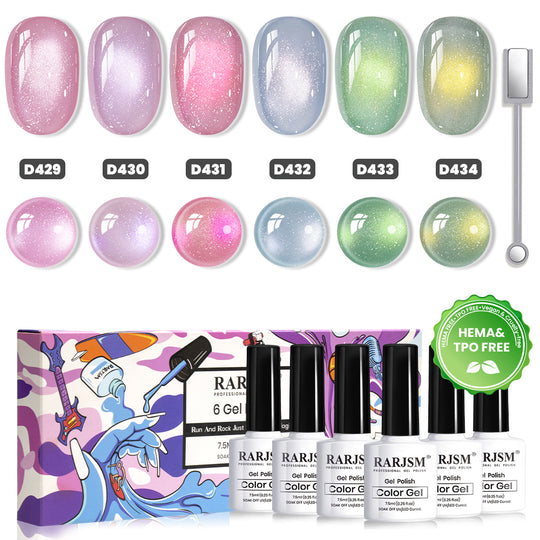 Starlight Shimmer Cat Eye Gel Polish Set - 6 Pastel Colors White Glitter & Colorful Cat Eye 7.5ml - TPO & HEMA Free