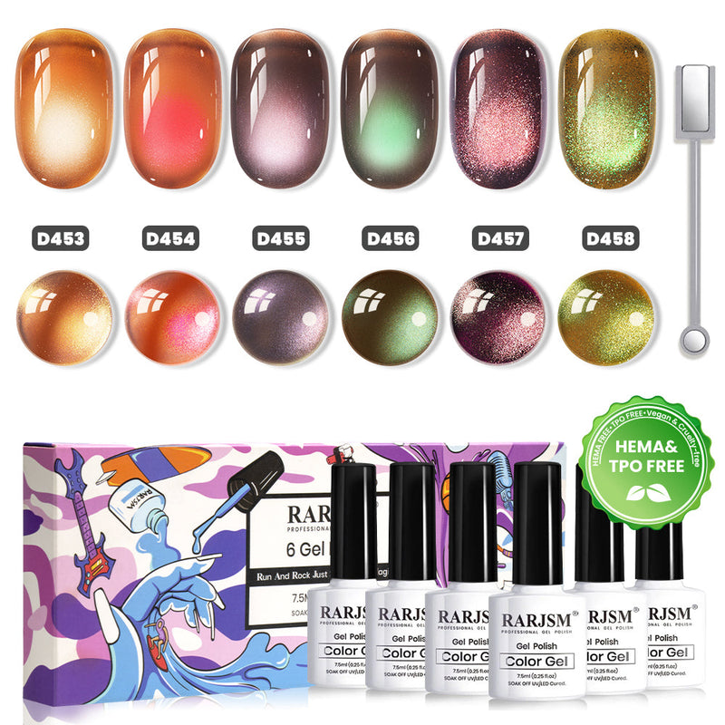 RARJSM Amber Tea Cat Eye Gel Polish Set 6 Vintage Brown Tones D453 D454 D455 D456 D457 D458 Sheer Jelly Magnetic Broad Fine Cat Eye 7.5ml TPO HEMA Free