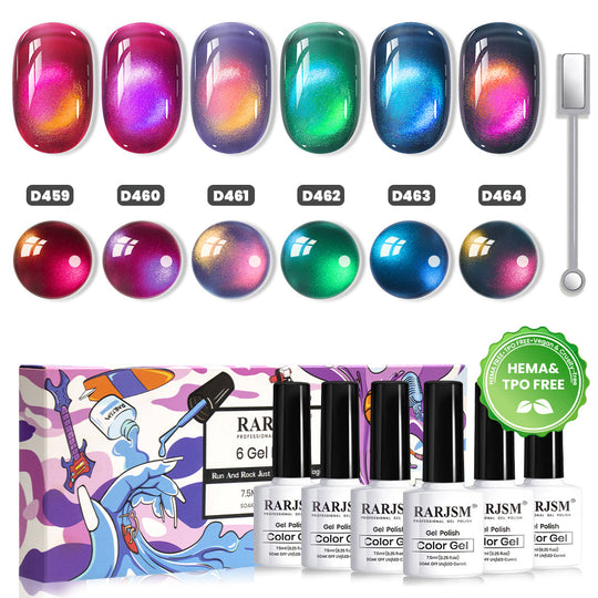 RARJSM Phantom Glow Cat Eye Gel Polish Set 6 Halloween Neon Shades D459 D460 D461 D462 D463 D464 Sheer Jelly Magnetic Cat Eye 7.5ml TPO HEMA Free