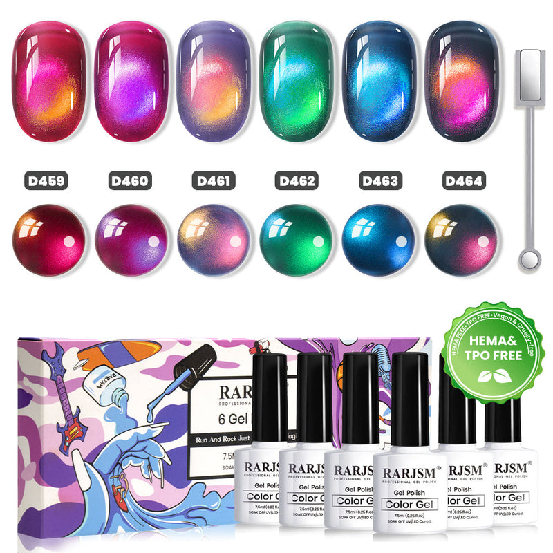RARJSM Phantom Glow Cat Eye Gel Polish Set 6 Halloween Neon Shades D459 D460 D461 D462 D463 D464 Sheer Jelly Magnetic Cat Eye 7.5ml TPO HEMA Free