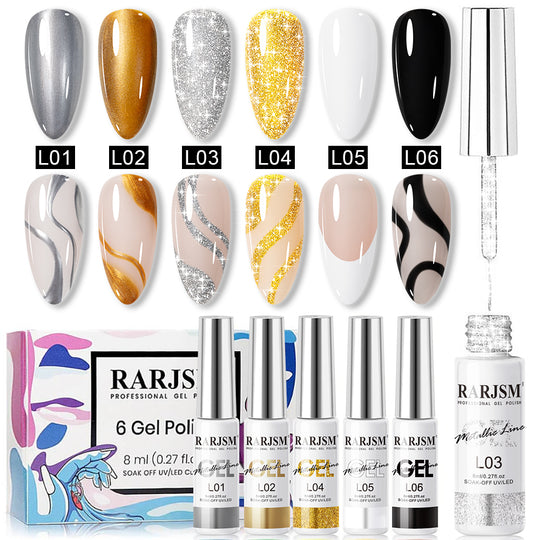 Metal Flash Nail Art Gel Liner Set - 6 Essential Colors Mirror Chrome & Diamond Reflective 8ml - TPO & HEMA Free