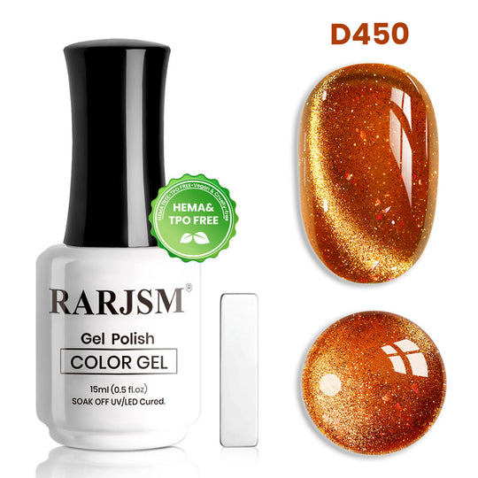 RARJSM Stellar Vortex D450 Amber Vortex Cat Eye Gel Polish 15ml Deep Amber Orange Opal Flakes Diamond Glitter Cat Eye TPO HEMA Free