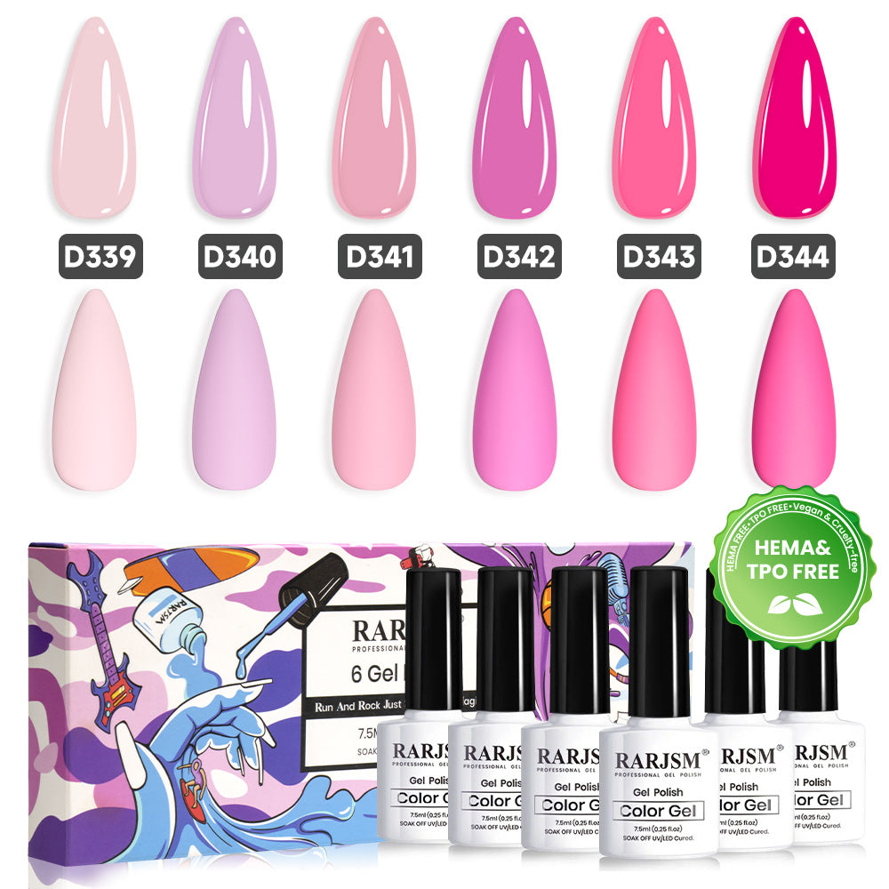 RARJSM pink ombré gel polish 6 colors set D339-D344 TPO HEMA free bottles EU certified safe vegan 7.5ml
