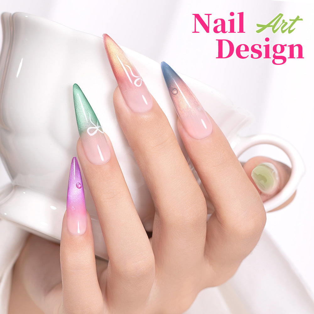 Soft pearl shimmer cat eye gel polish on nails French gradient pastel colors spring summer nail art HEMA TPO free
