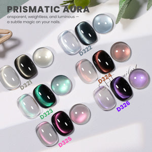 Prismatic Aura cat eye gel polish swatches 6 colors sheer iridescent shimmer transparent luminous aura effect