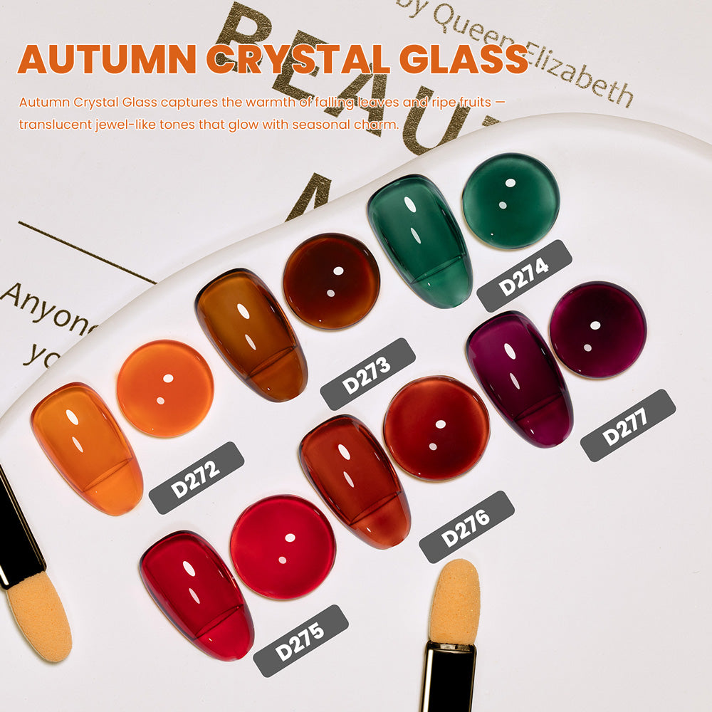 Autumn Crystal Glass jelly gel polish swatches 6 colors D272-D277 amber maple emerald cranberry coral plum translucent glass-like
