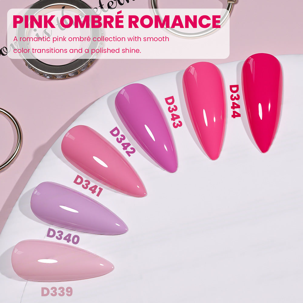Pink ombré gradient gel polish 6 shades D339-D344 stiletto nail swatches TPO HEMA free Romance collection 7.5ml
