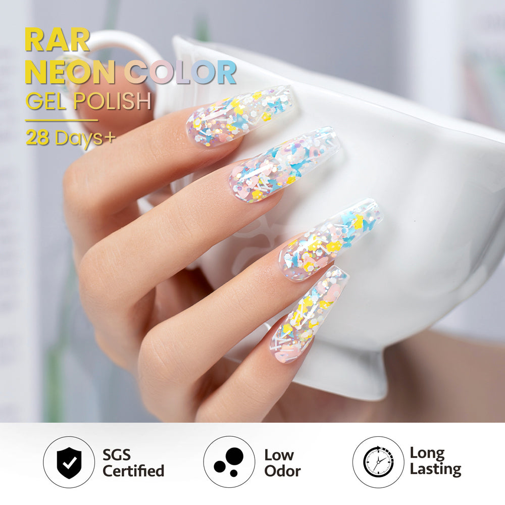 Translucent jelly glitter gel polish on nails colorful confetti flower petals holographic sparkle 28 days long-lasting HEMA TPO free
