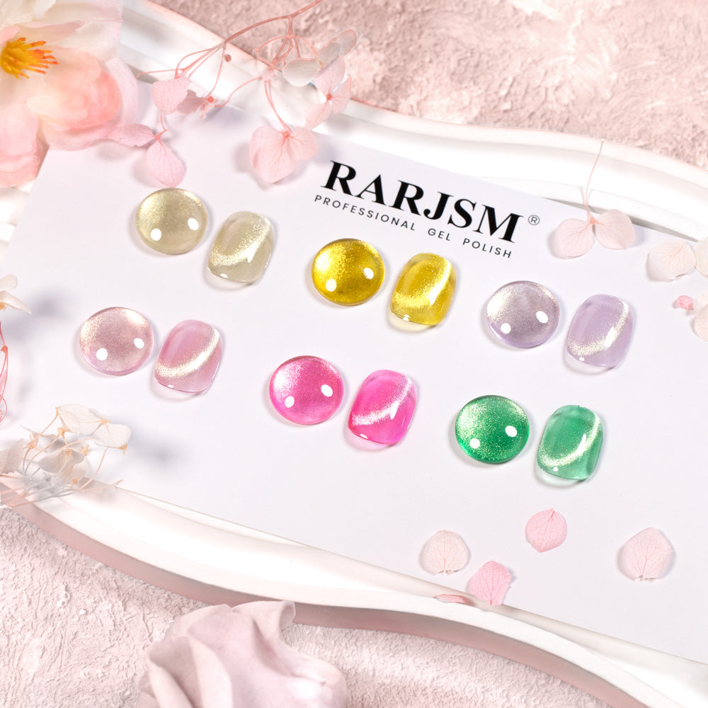 Summer champagne cat eye gel polish 6 colors set golden fizz champagne glow rosé blush berry sparkle pearl mist lime zest
