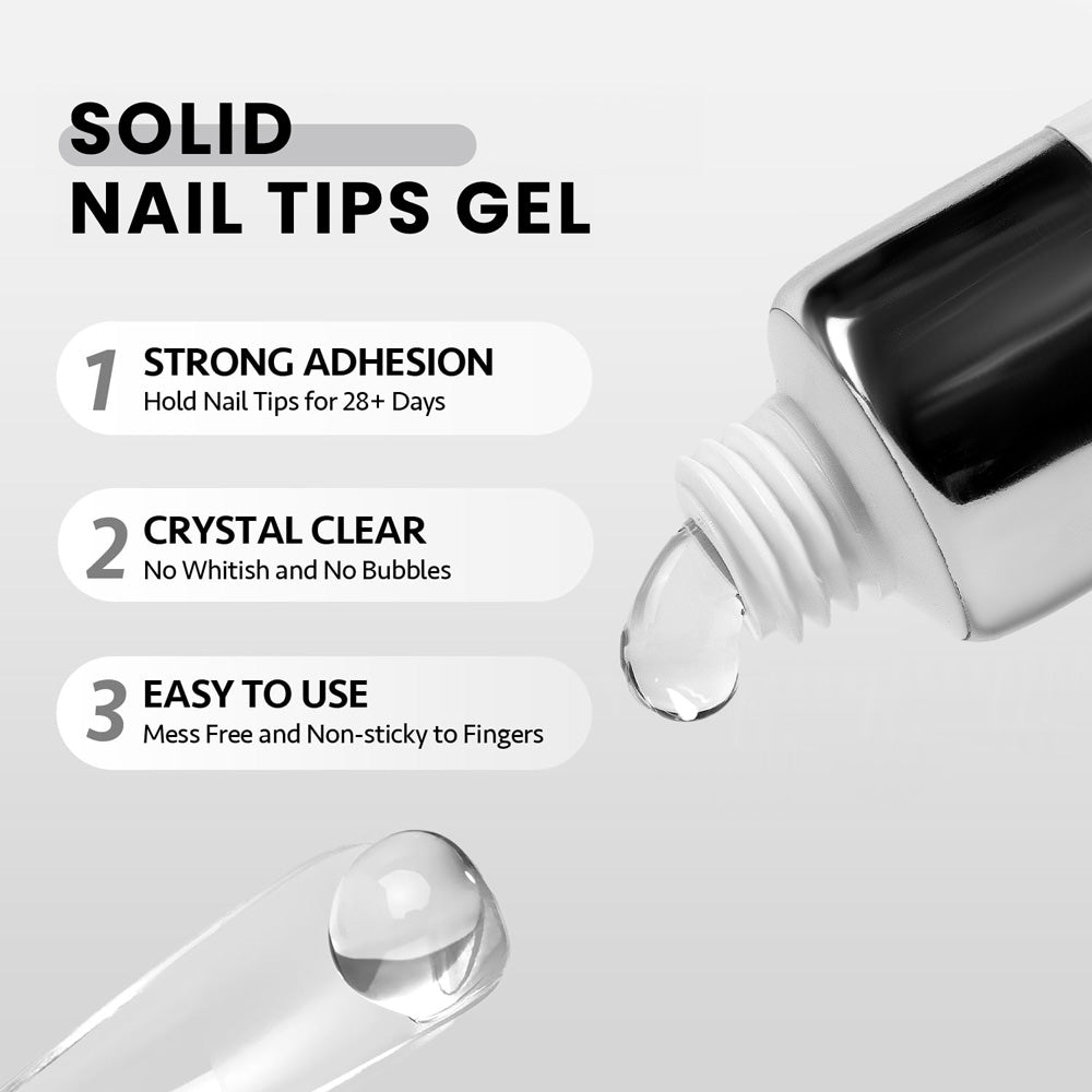 Solid nail tips gel strong adhesion 28 days crystal clear no whitish no bubbles easy to use mess free non-sticky
