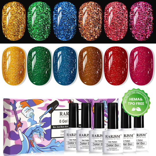 Stellar Brilliance Glitter Gel Nail Polish Set | 6 Colors, 7.5ml Each | TPO & HEMA Free