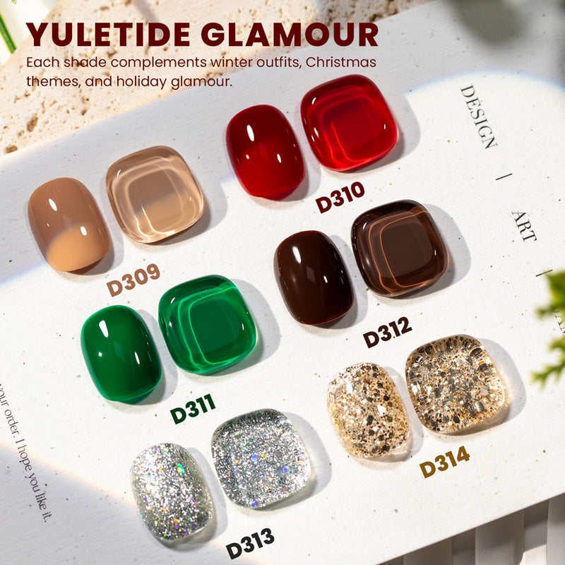 Yuletide Glamour gel polish swatches 6 colors D309-D314 nude cranberry evergreen chocolate silver gold glitter
