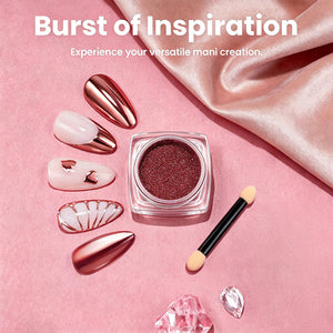 Chrome nail powder lifestyle flatlay on pink background with nail art inspiration