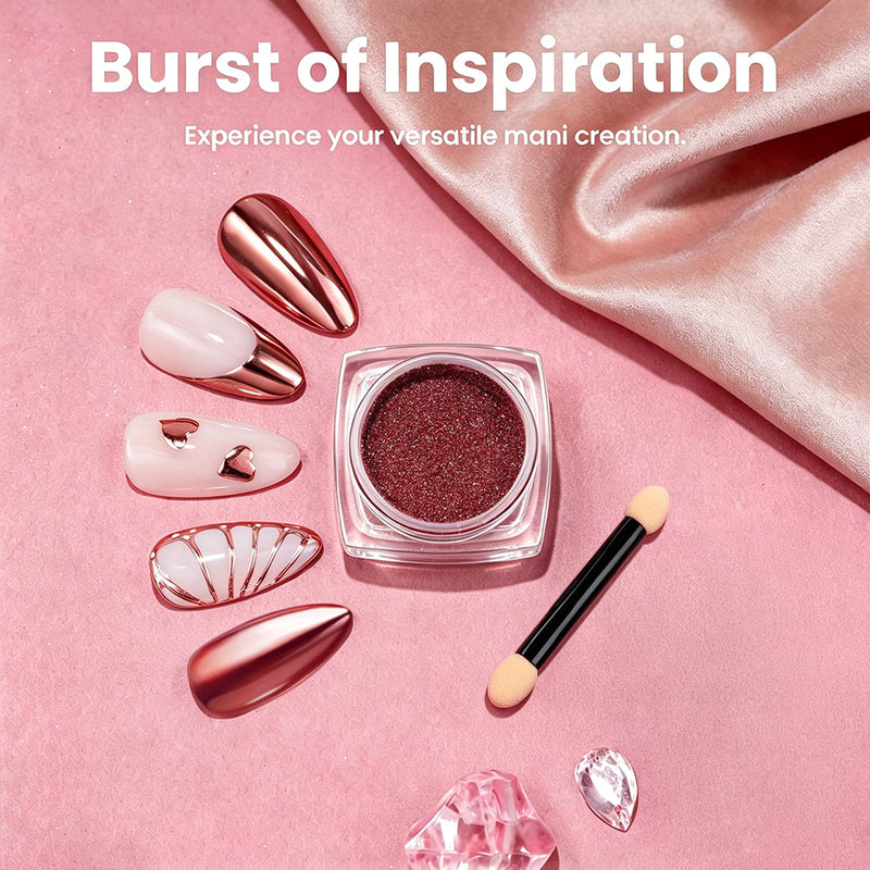 Chrome nail powder lifestyle flatlay on pink background with nail art inspiration