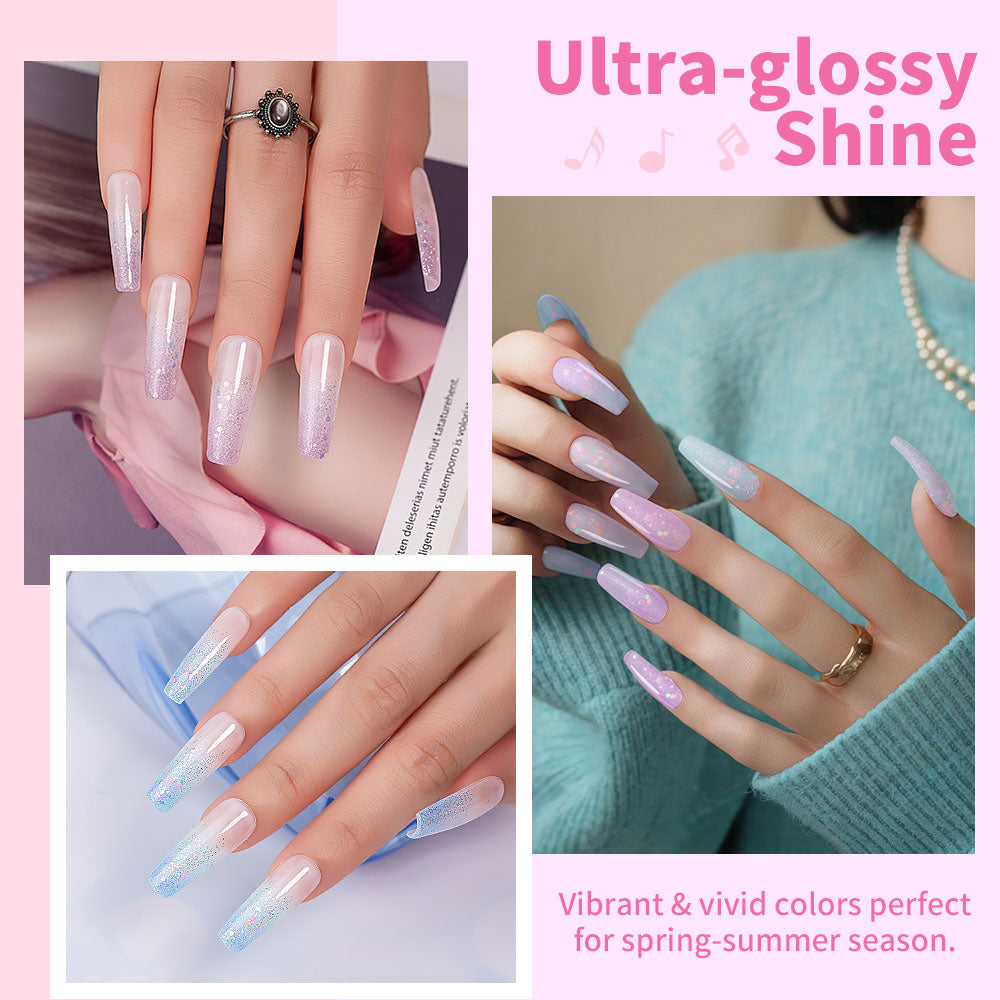 Ultra-glossy shine finish of iridescent fairy jelly gel polish on long nails showing holographic glitter effect
