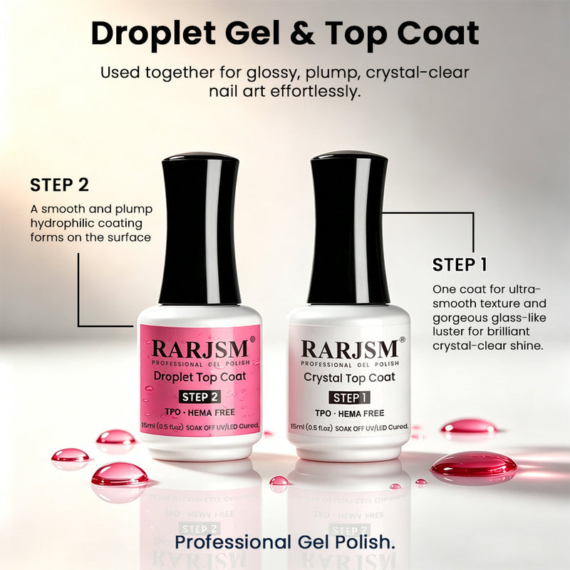 RARJSM Magenta Droplet Gel & Top Coat Set - Used together for glossy plump crystal-clear nail art, Step 1 Crystal Top Coat, Step 2 Magenta Droplet Top Coat