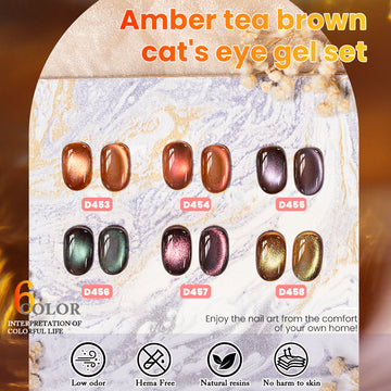 Tawny Eclipse Cat Eye Gel Polish Set - 6 Vintage Brown Tones Magnetic Sheer Jelly 7.5ml - TPO & HEMA Free