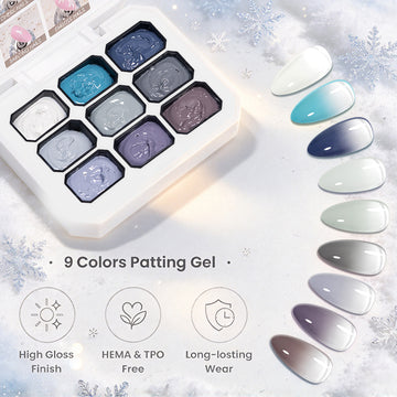 Frost & Fog 4 IN 1 Art Gel Palette - 9 Winter Cool Tones Ombre Stamping Painting Emboss 2.5g - TPO & HEMA Free