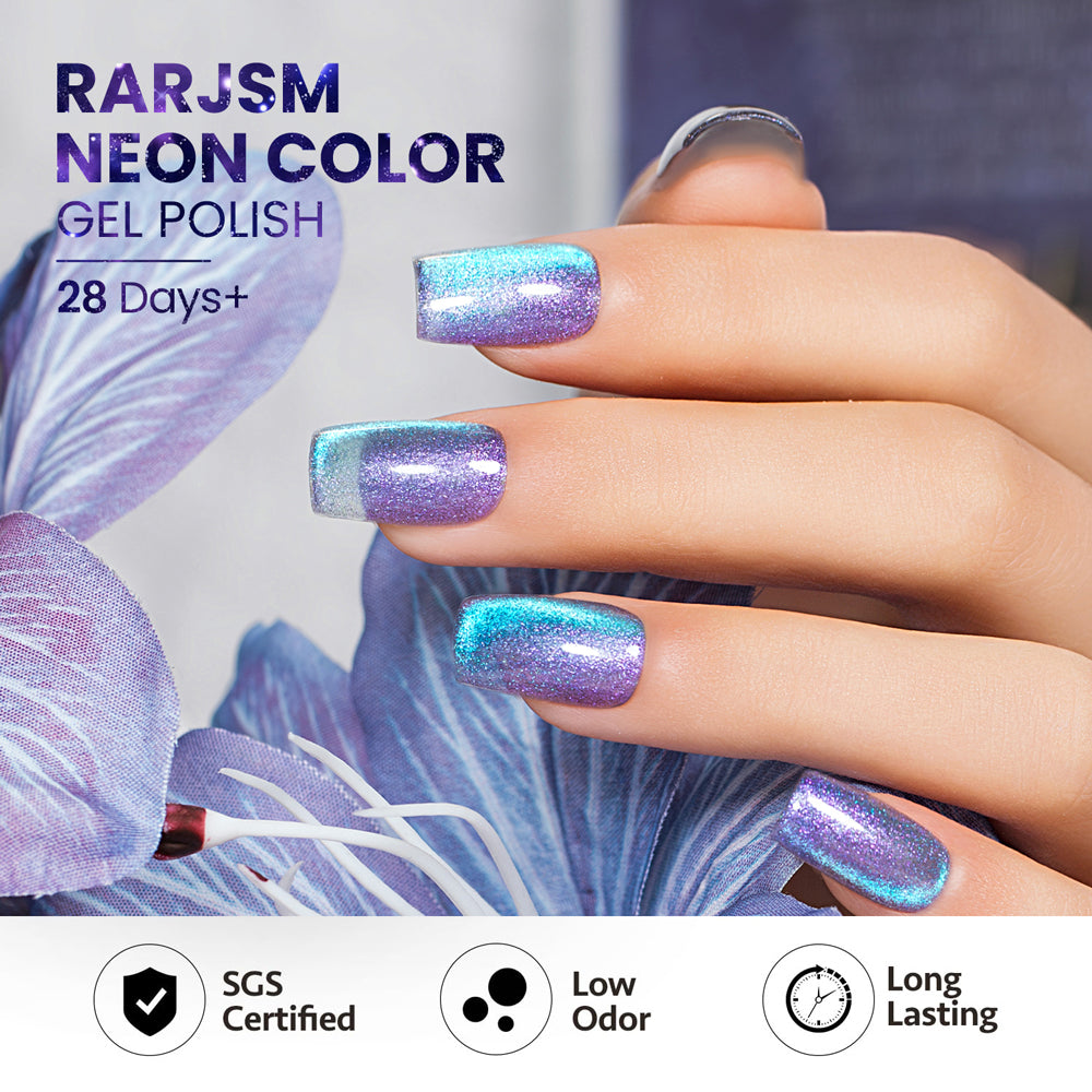 Holographic glitter gel polish on nails color shifting aurora borealis effect 28 days long-lasting HEMA TPO free cosmic glow
