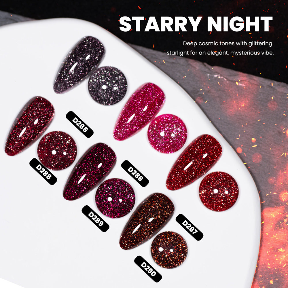 Starry Night glitter gel polish swatches 6 colors D285-D290 midnight galaxy ruby crimson burgundy wine espresso cosmic sparkle
