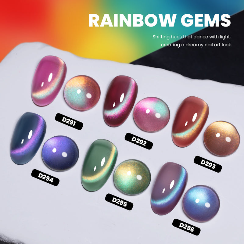 Rainbow Gems cat eye gel polish swatches 6 colors D291-D296 showing color-shifting shimmer pink ruby amber sapphire emerald amethyst

