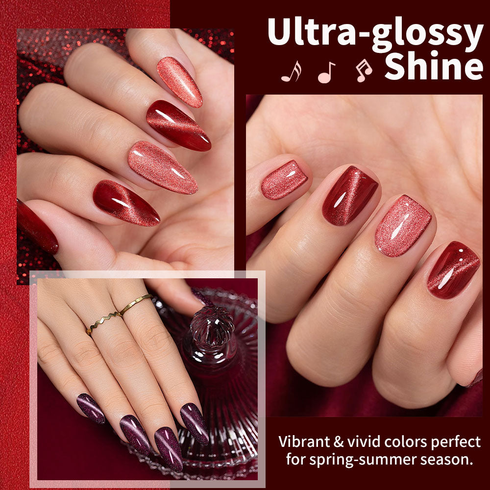 Ultra-glossy rose wine shimmer cat eye gel polish manicure pink lavender copper festive nails 21 days lasting
