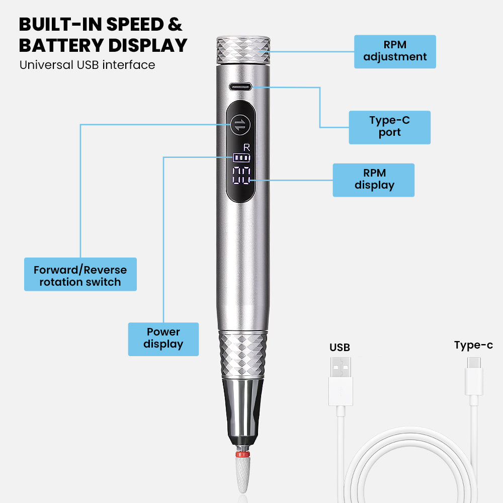Cordless nail drill LED display RPM adjustment battery indicator forward reverse rotation USB Type-C charging
