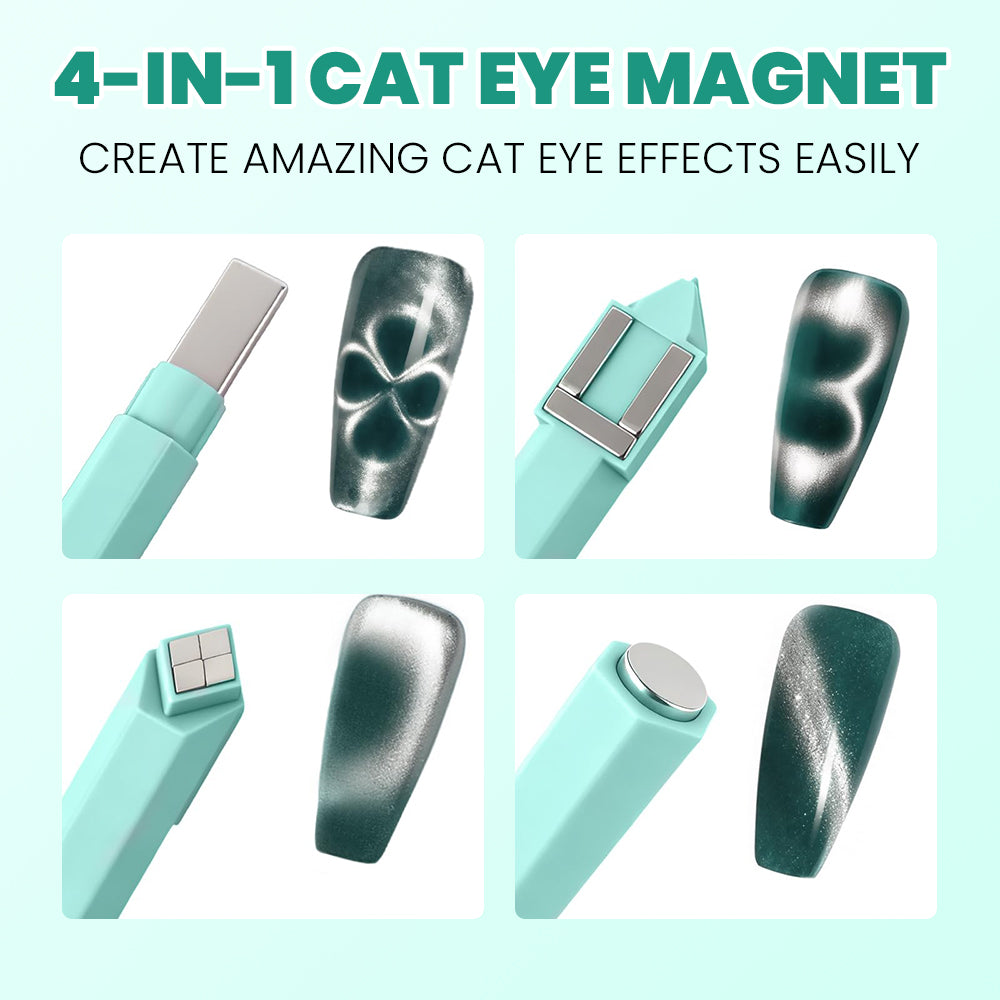 RARJSM 4-in-1 cat eye magnet mint green showing four tips and effects single bar clover wave double bar gourd round shimmer on dark green nails create amazing cat eye effects easily
