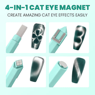 RARJSM 4-in-1 cat eye magnet mint green showing four tips and effects single bar clover wave double bar gourd round shimmer on dark green nails create amazing cat eye effects easily
