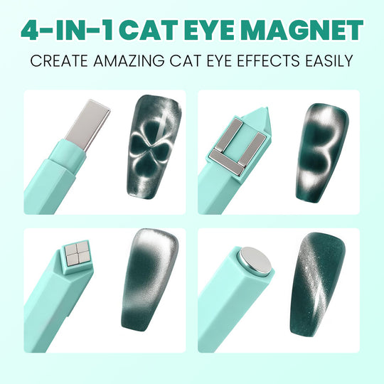 RARJSM 4-in-1 cat eye magnet mint green showing four tips and effects single bar clover wave double bar gourd round shimmer on dark green nails create amazing cat eye effects easily
