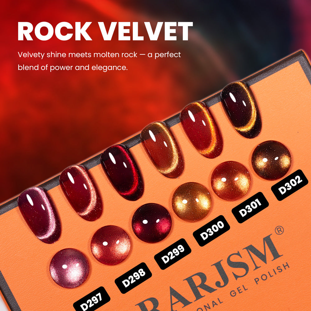 Rock Velvet cat eye gel polish swatches 6 colors D297-D302 plum crimson burgundy bronze copper espresso metallic shimmer
