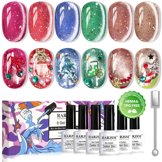 Prismatic Gala Glitter Cat Eye Gel Polish Set | 6 Colors, 7.5ml Each | TPO & HEMA Free