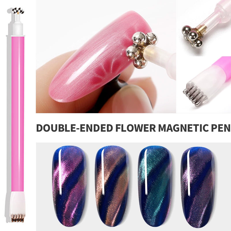 Cat eye effects with double-ended flower magnetic pen - galaxy and line patterns on nails
