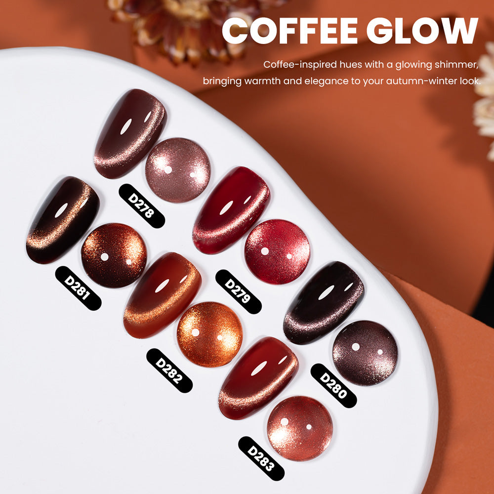 Coffee Glow cat eye gel polish swatches 6 colors D278-D283 mocha burgundy espresso caramel cinnamon cappuccino warm shimmer
