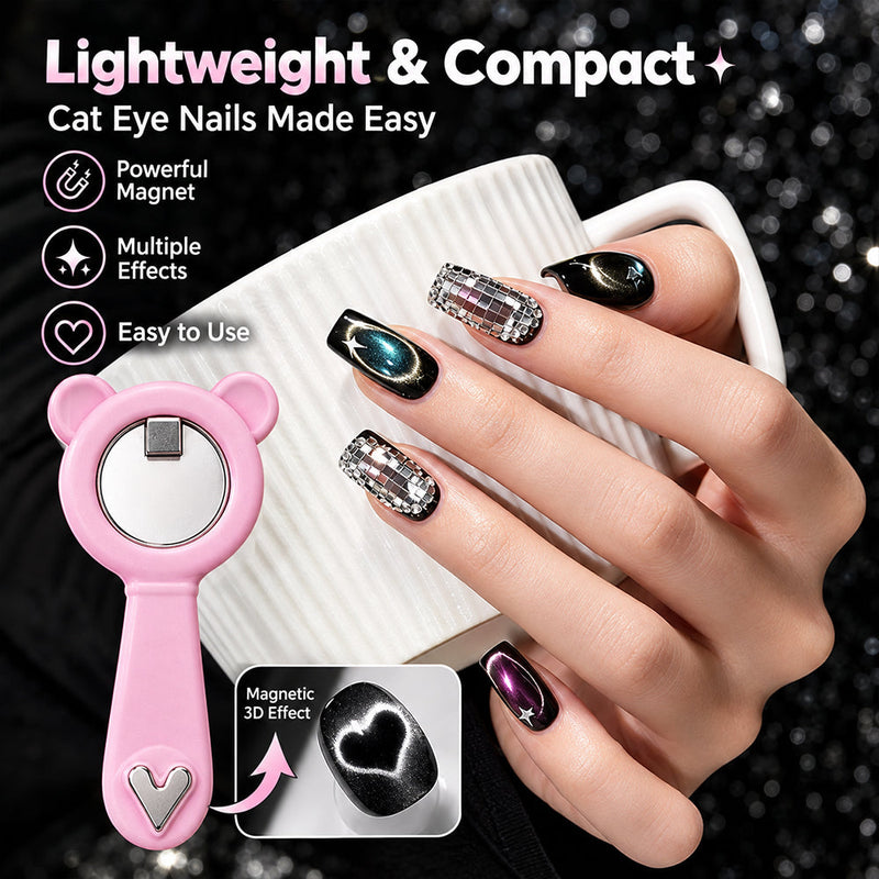 RARJSM 2-in-1 bear ring magnet showing heart effect and black hole effect on black cat eye nails